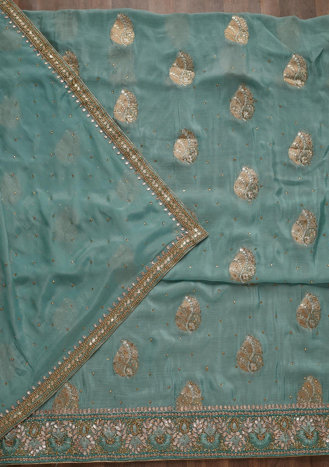 Sky Blue Gotapatti Semi Crepe Unstitched Salwar Suit - Koskii