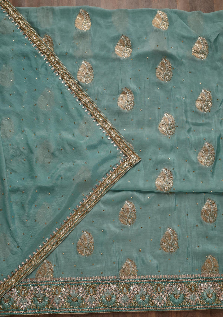 Sky Blue Gotapatti Semi Crepe Unstitched Salwar Suit - Koskii