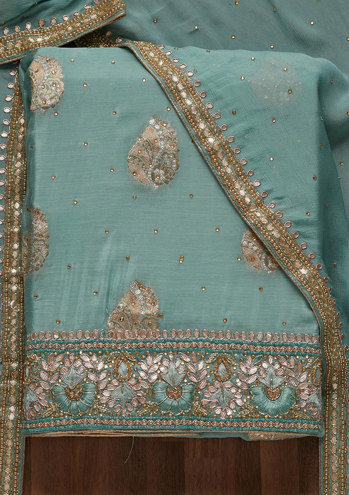 Sky Blue Gotapatti Semi Crepe Unstitched Salwar Suit - Koskii