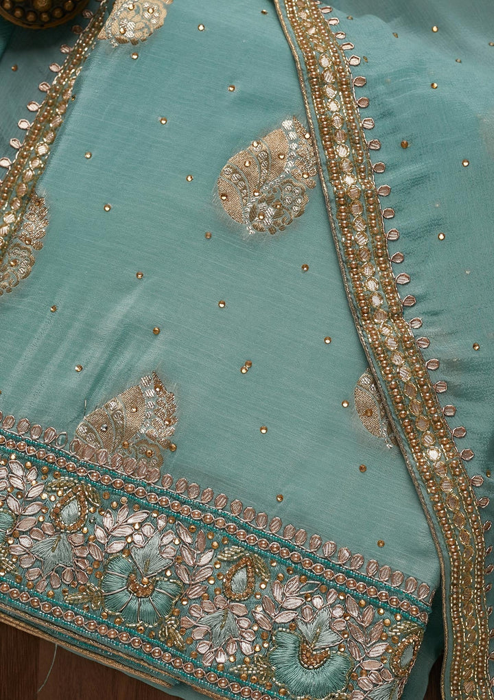 Sky Blue Gotapatti Semi Crepe Unstitched Salwar Suit - Koskii