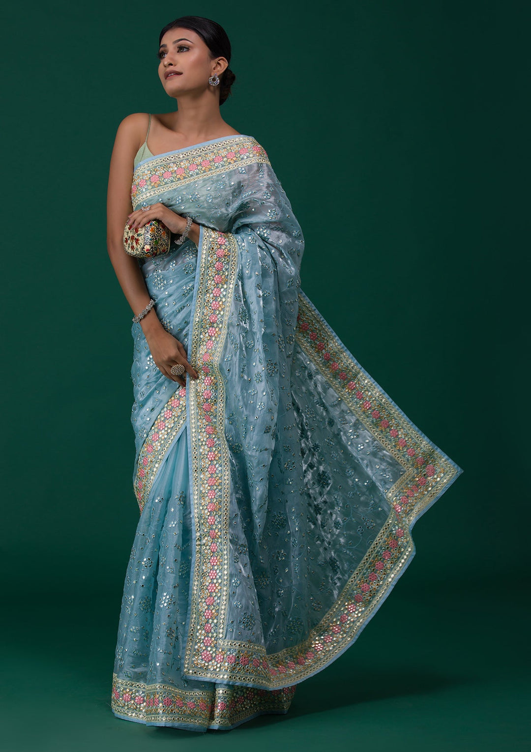 Sky Blue Gotapatti Tissue Saree-Koskii