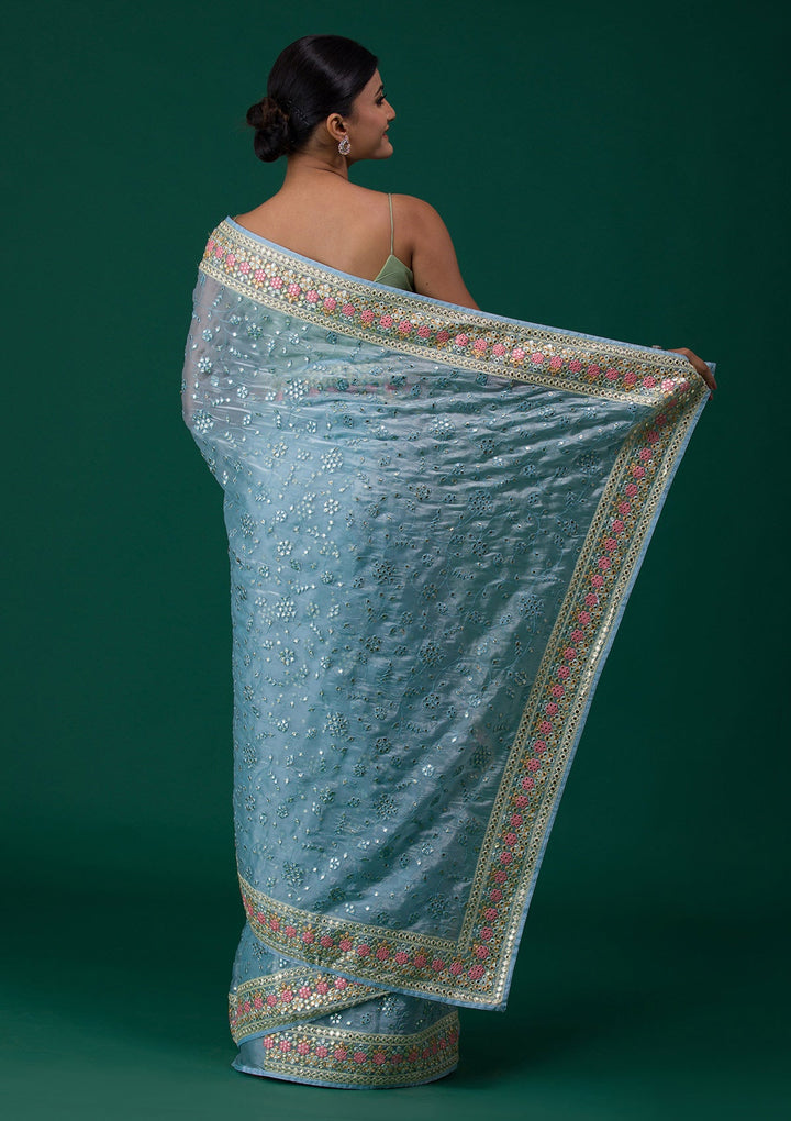 Sky Blue Gotapatti Tissue Saree-Koskii