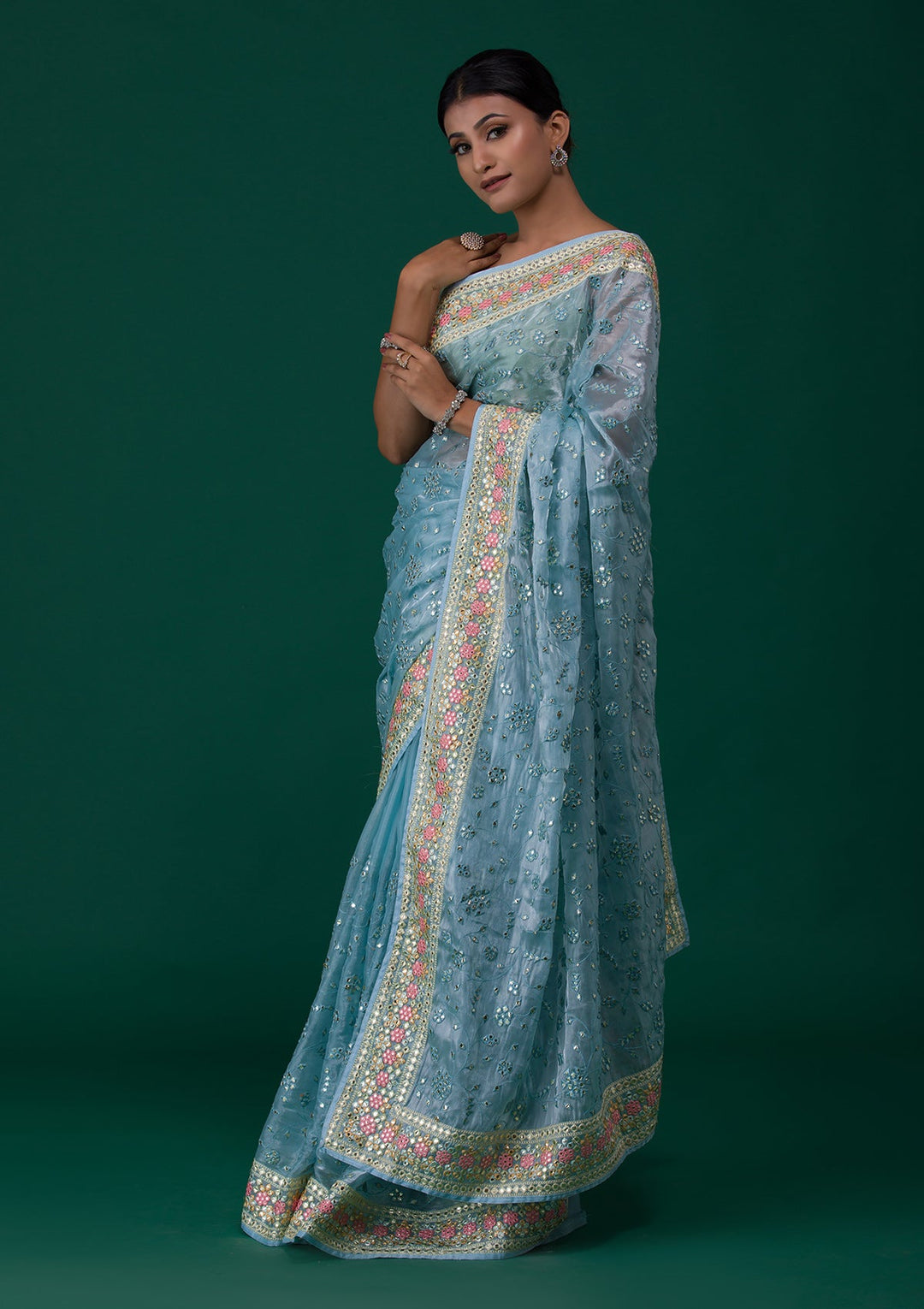 Sky Blue Gotapatti Tissue Saree-Koskii