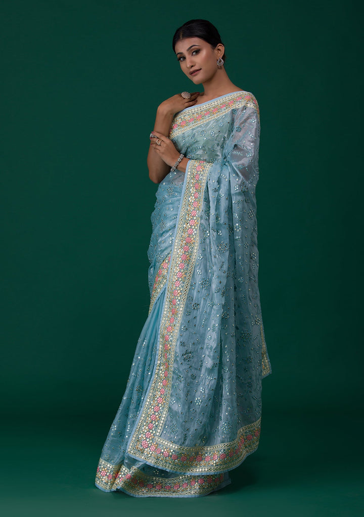 Sky Blue Gotapatti Tissue Saree-Koskii