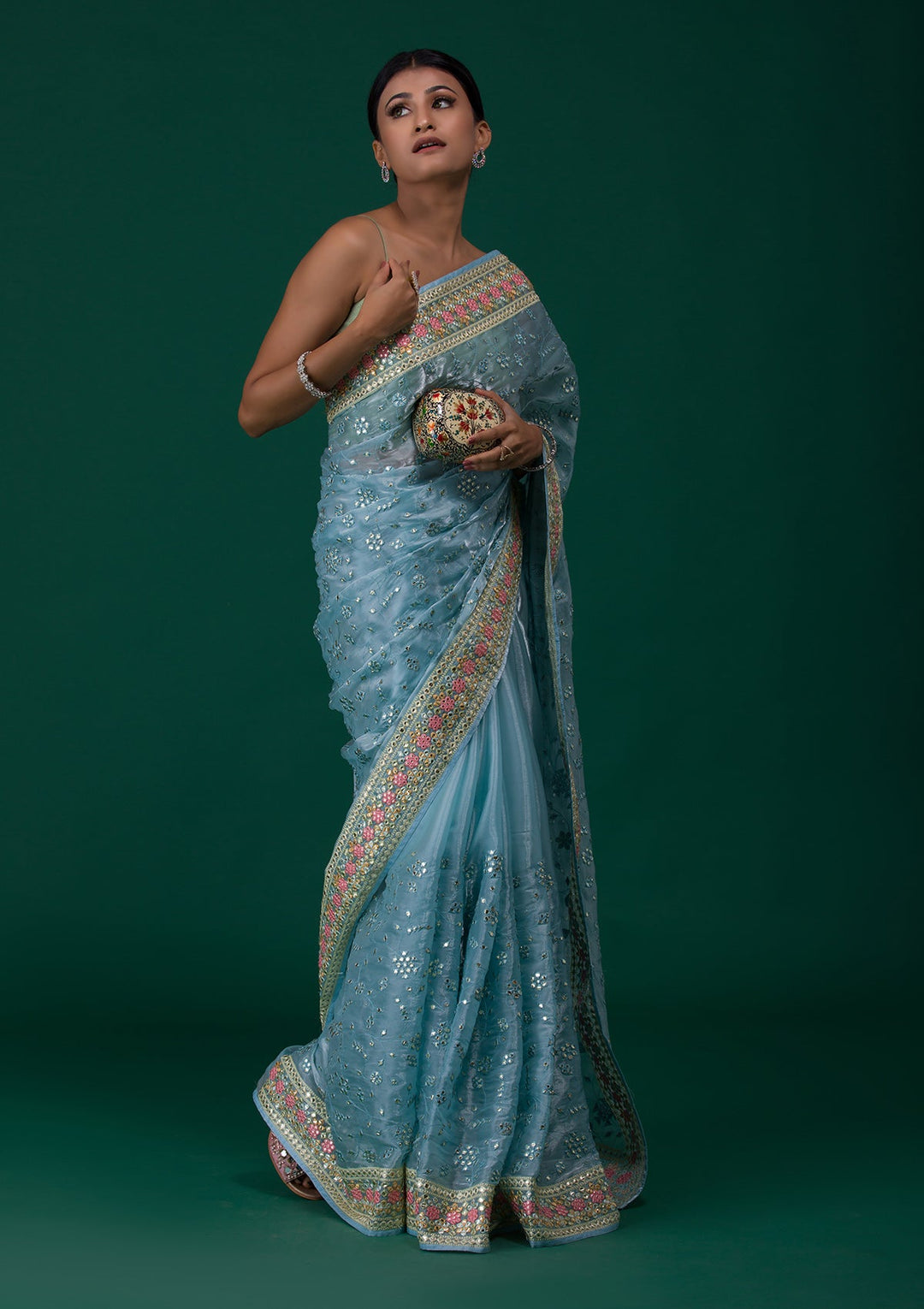 Sky Blue Gotapatti Tissue Saree-Koskii