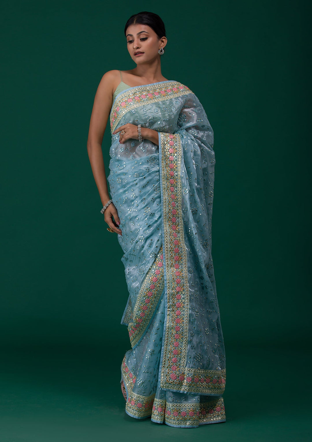 Sky Blue Gotapatti Tissue Saree-Koskii