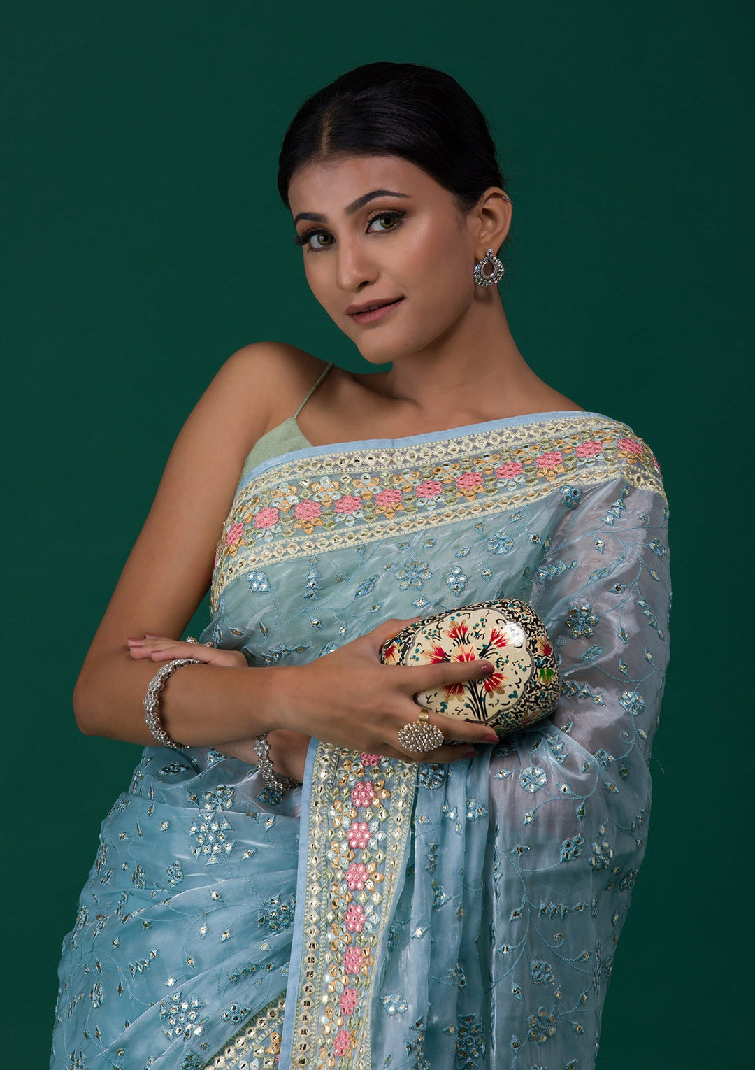 Sky Blue Gotapatti Tissue Saree-Koskii