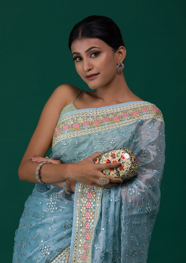 Sky Blue Gotapatti Tissue Saree-Koskii