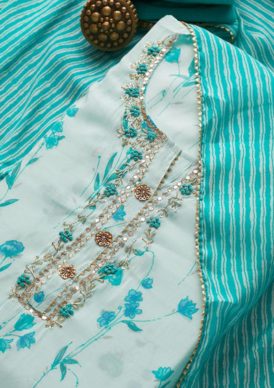 Sky Blue Mirrorwork Cotton  Semi-Stitched Salwar Suit - Koskii