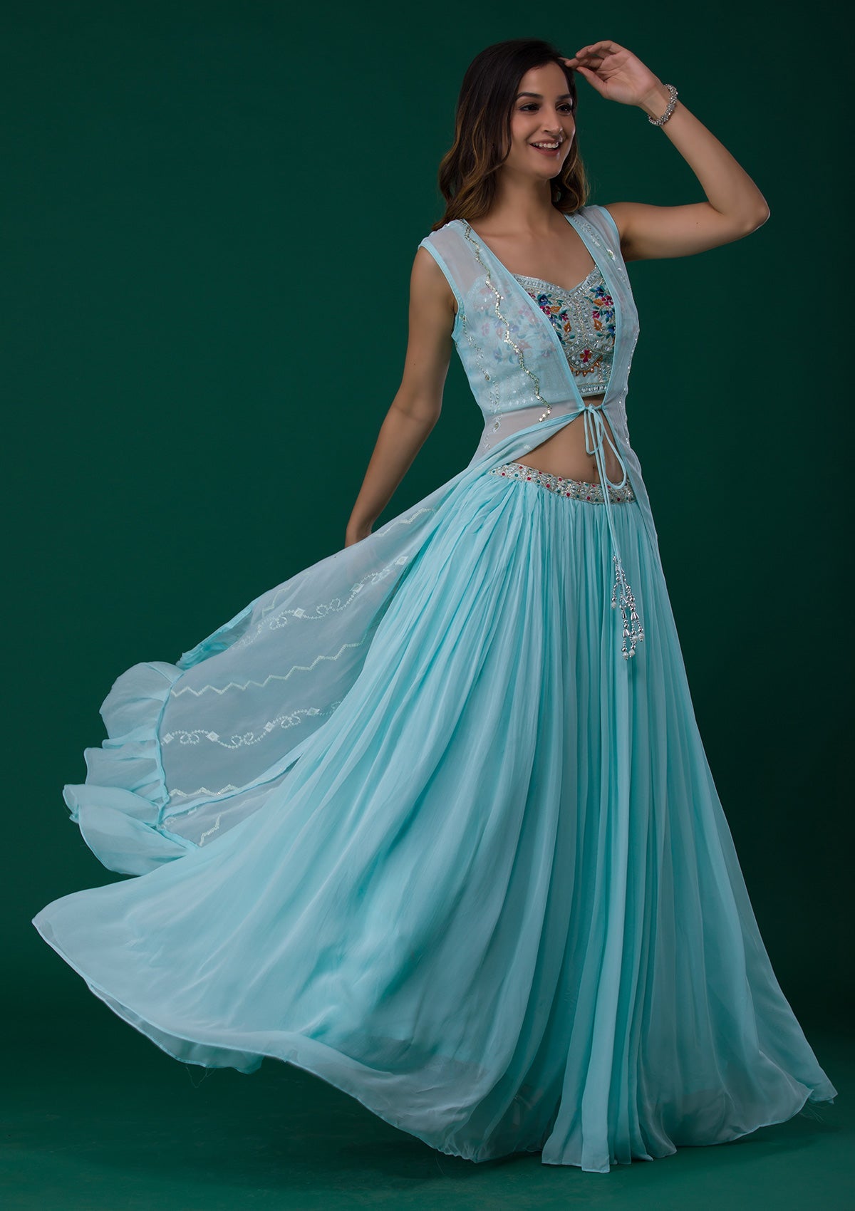 Sky Blue Mirrorwork Georgette Designer Lehenga-Koskii