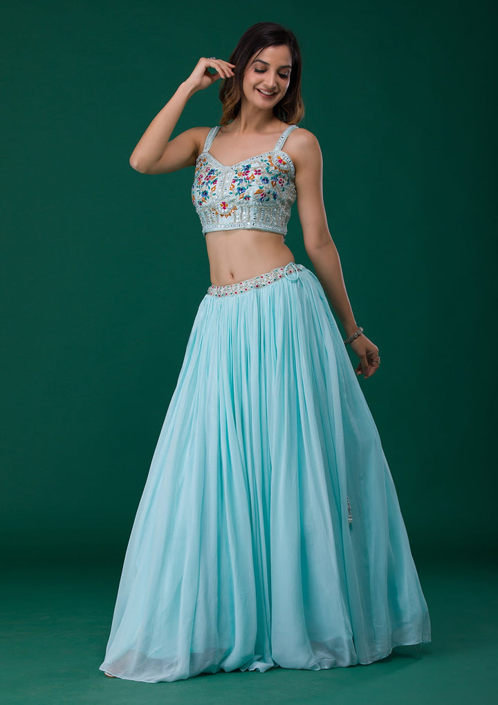 Sky Blue Mirrorwork Georgette Designer Lehenga-Koskii