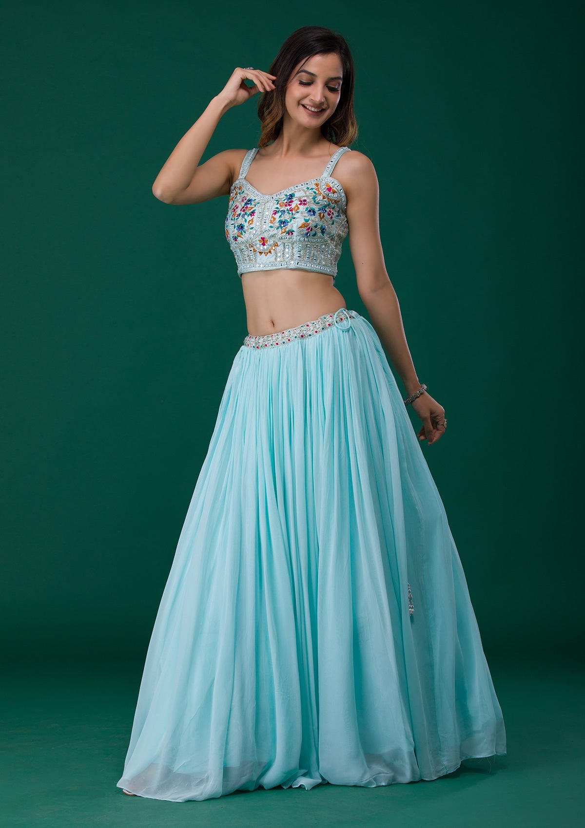 Sky Blue Mirrorwork Georgette Designer Lehenga-Koskii