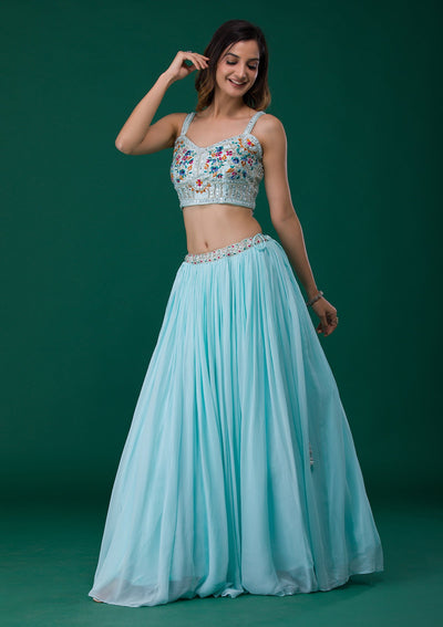 Sky Blue Mirrorwork Georgette Designer Lehenga-Koskii