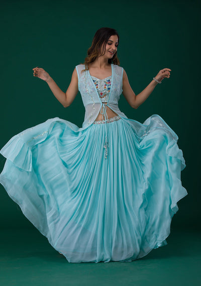 Sky Blue Mirrorwork Georgette Designer Lehenga-Koskii