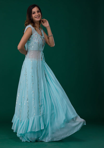Sky Blue Mirrorwork Georgette Designer Lehenga-Koskii