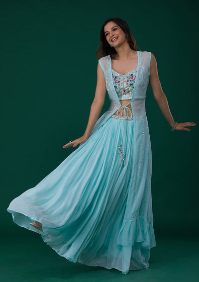 Sky Blue Mirrorwork Georgette Designer Lehenga-Koskii