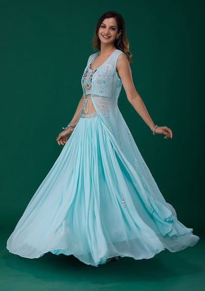 Sky Blue Mirrorwork Georgette Designer Lehenga-Koskii