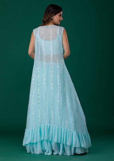 Sky Blue Mirrorwork Georgette Designer Lehenga-Koskii