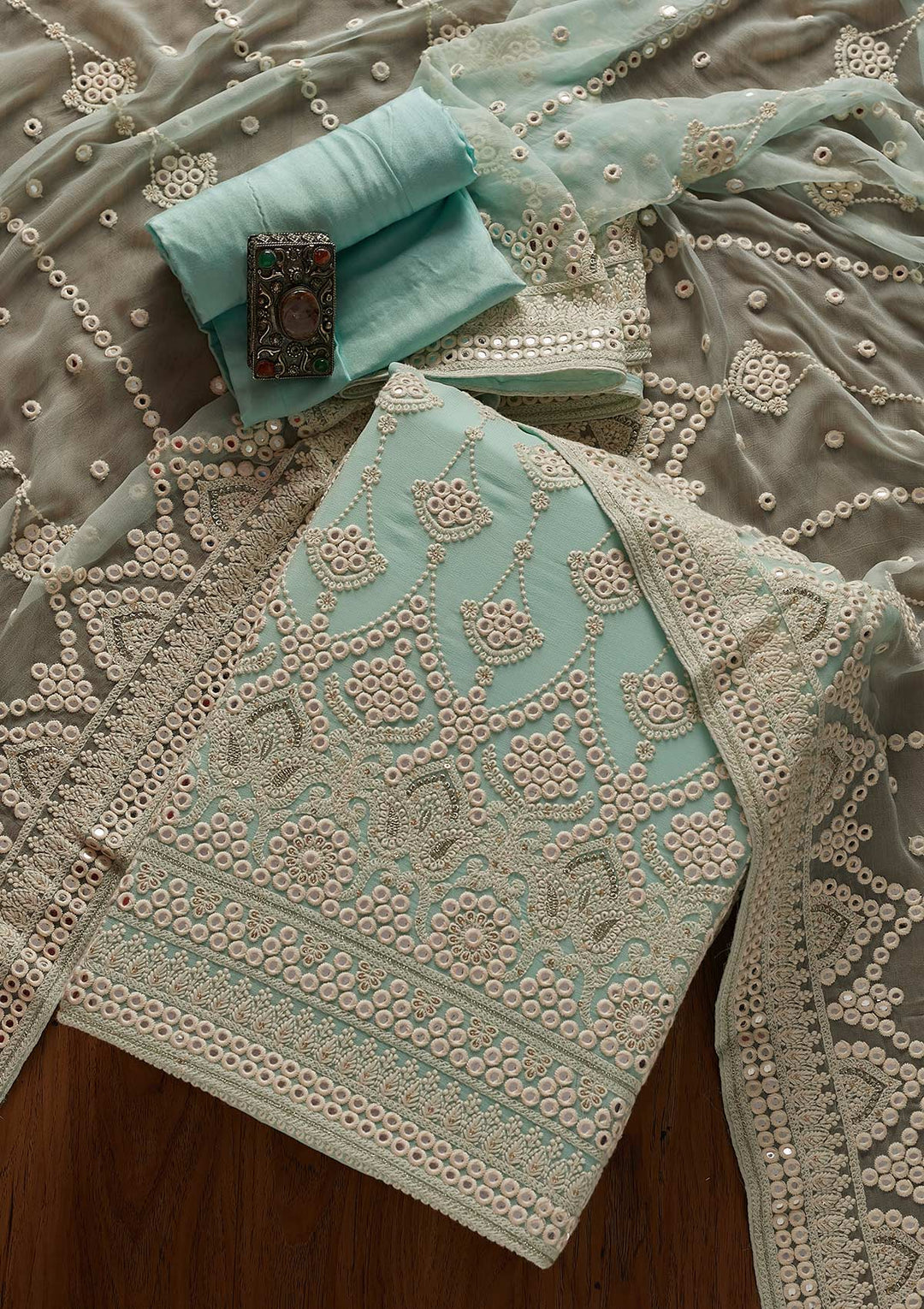 Sky Blue Mirrorwork Georgette Designer Unstitched Salwar Suit - koskii