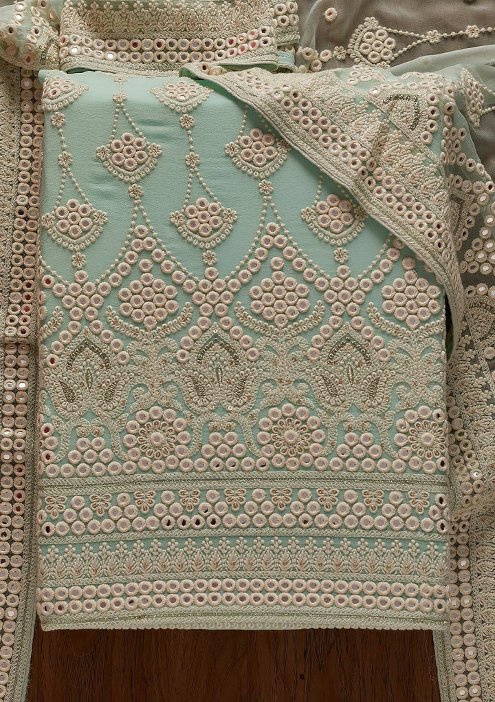 Sky Blue Mirrorwork Georgette Designer Unstitched Salwar Suit - koskii