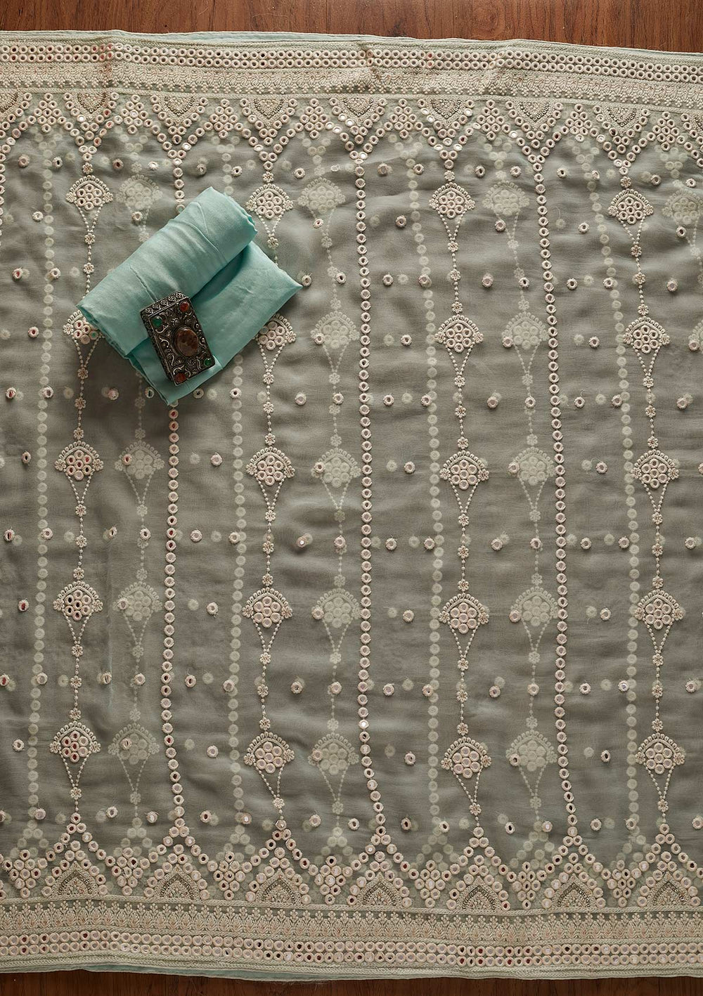 Sky Blue Mirrorwork Georgette Designer Unstitched Salwar Suit - koskii