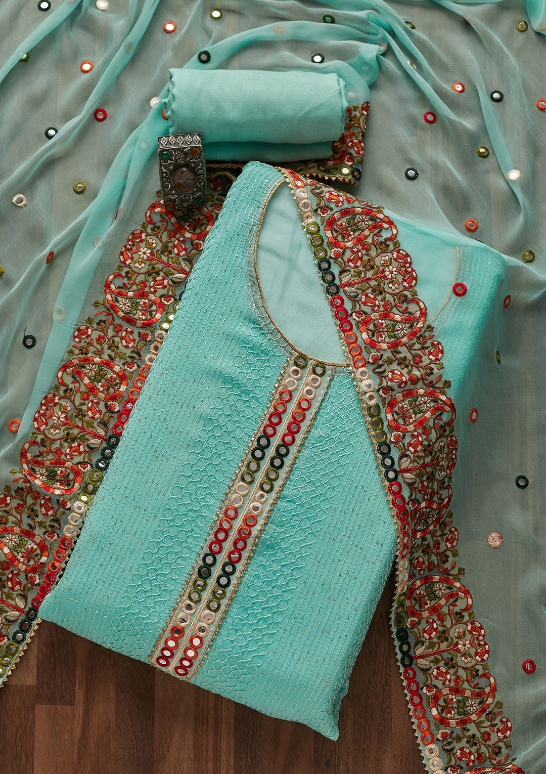 Sky Blue Mirrorwork Georgette Designer Unstitched Salwar Suit - Koskii