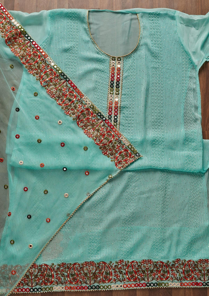 Sky Blue Mirrorwork Georgette Designer Unstitched Salwar Suit - Koskii