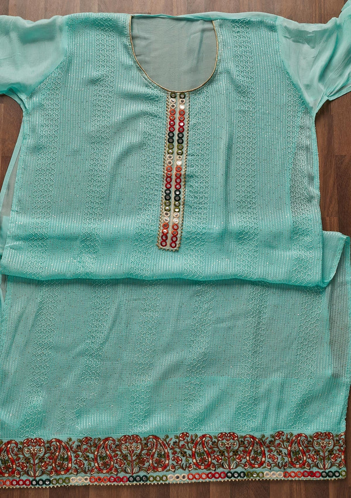 Sky Blue Mirrorwork Georgette Designer Unstitched Salwar Suit - Koskii