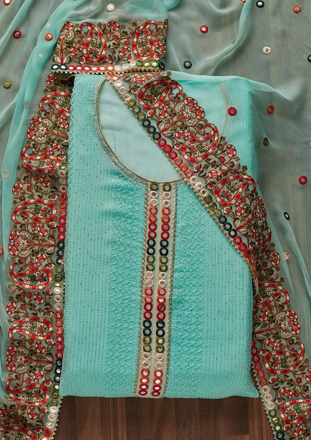 Sky Blue Mirrorwork Georgette Designer Unstitched Salwar Suit - Koskii