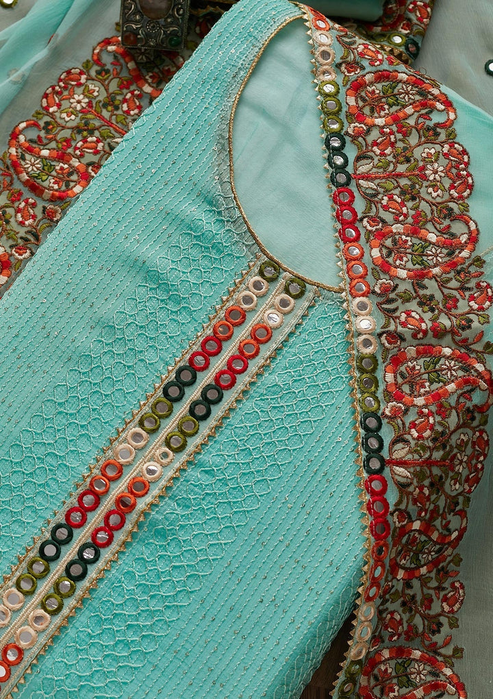 Sky Blue Mirrorwork Georgette Designer Unstitched Salwar Suit - Koskii