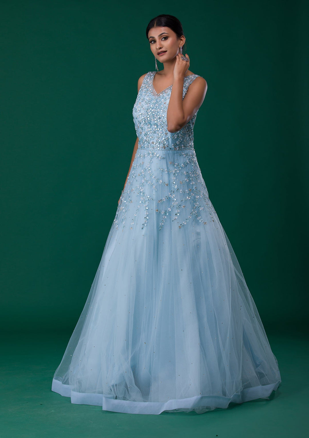 Sky Blue Mirrorwork Net Designer Gown-Koskii