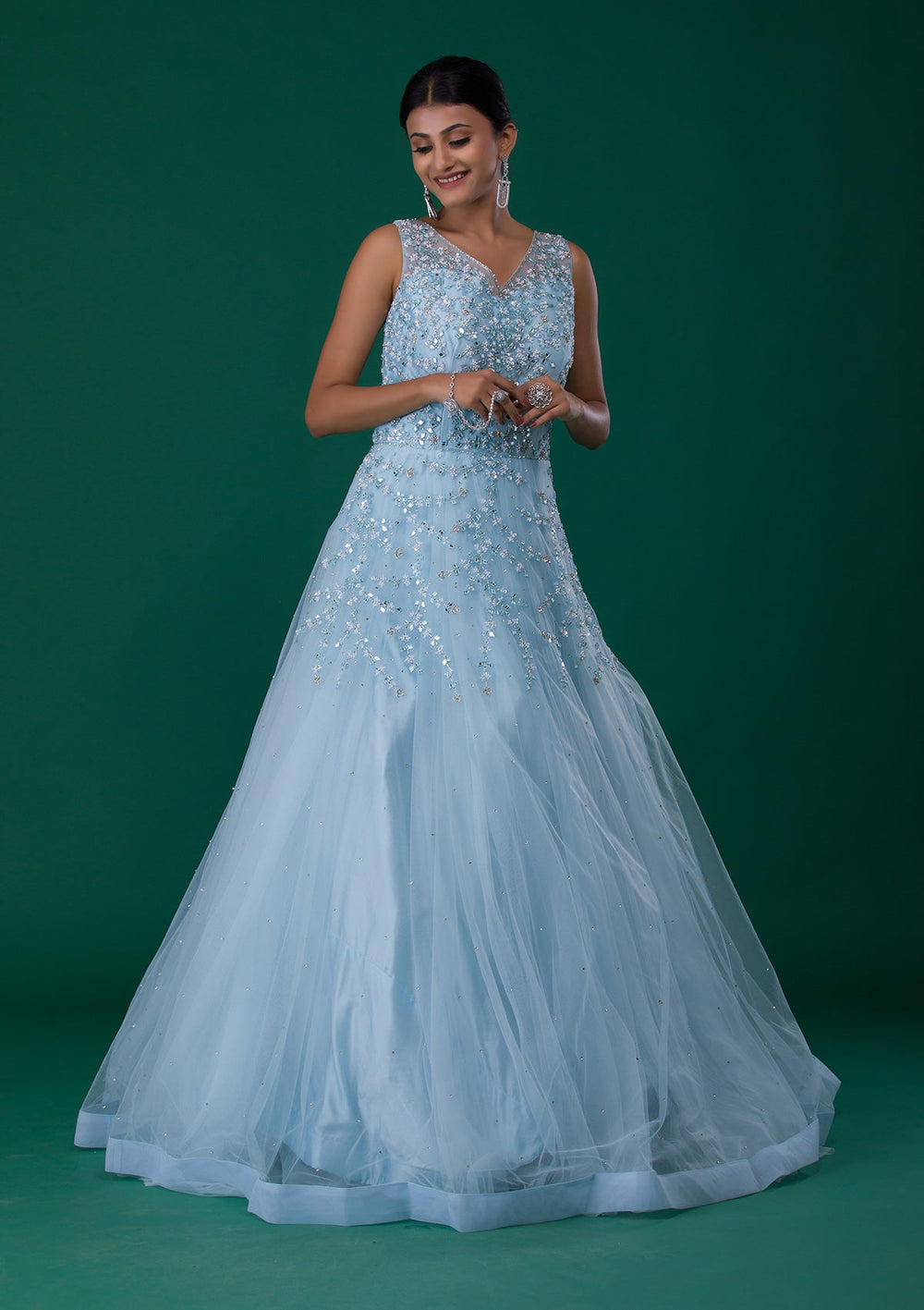 Sky Blue Mirrorwork Net Designer Gown-Koskii