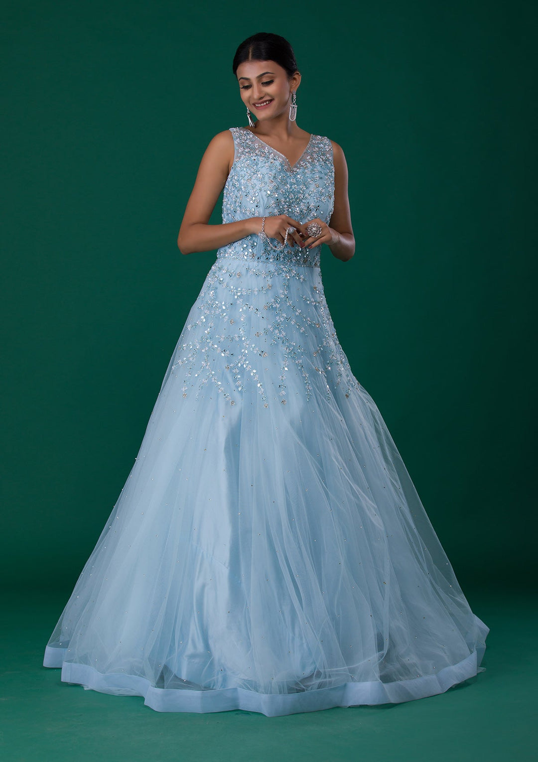 Sky Blue Mirrorwork Net Designer Gown-Koskii