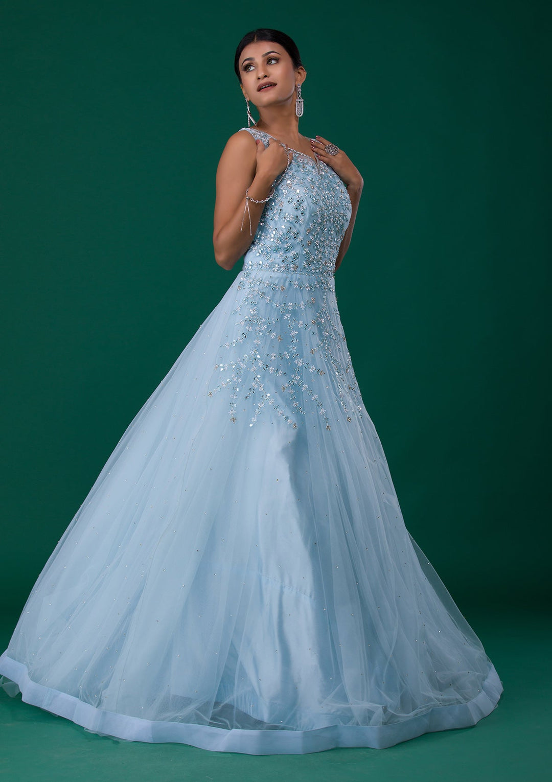 Sky Blue Mirrorwork Net Designer Gown-Koskii
