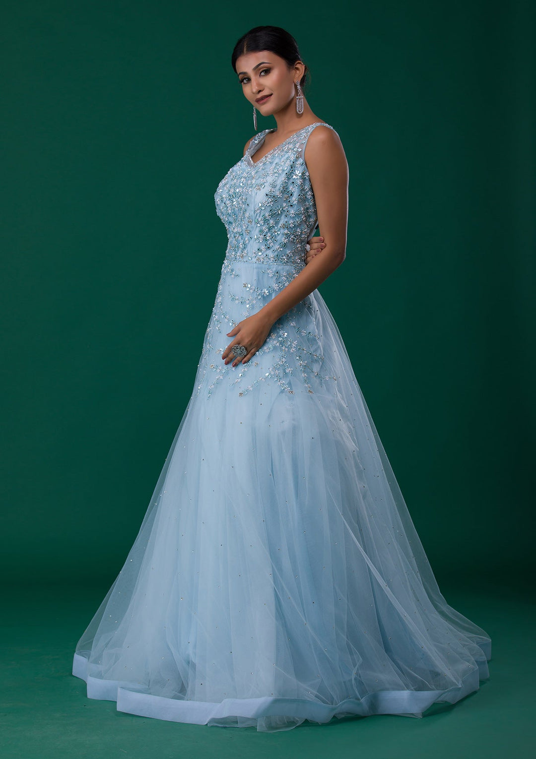 Sky Blue Mirrorwork Net Designer Gown-Koskii