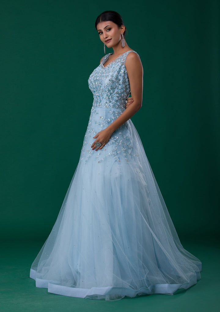 Sky Blue Mirrorwork Net Designer Gown-Koskii