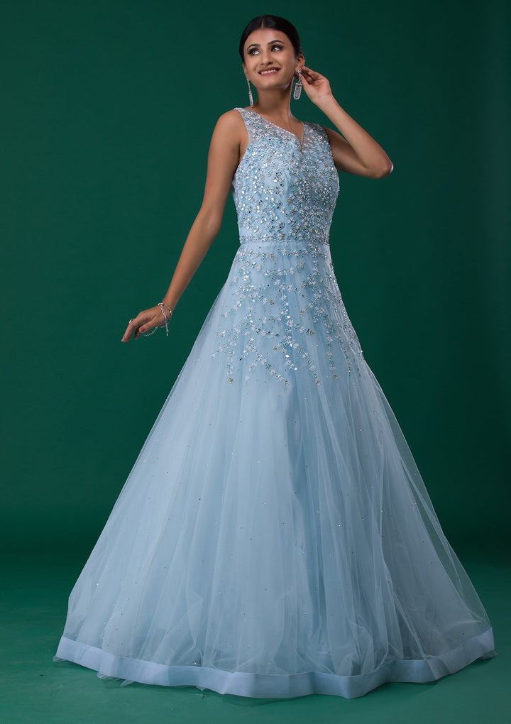 Sky Blue Mirrorwork Net Designer Gown-Koskii