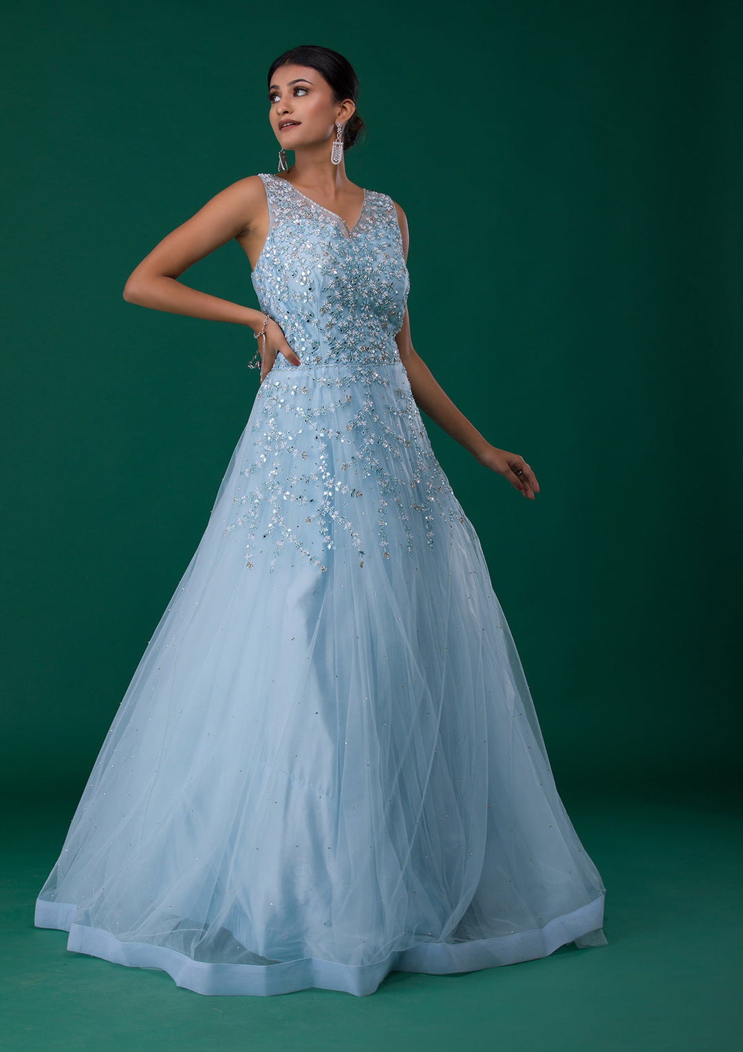 Sky Blue Mirrorwork Net Designer Gown-Koskii