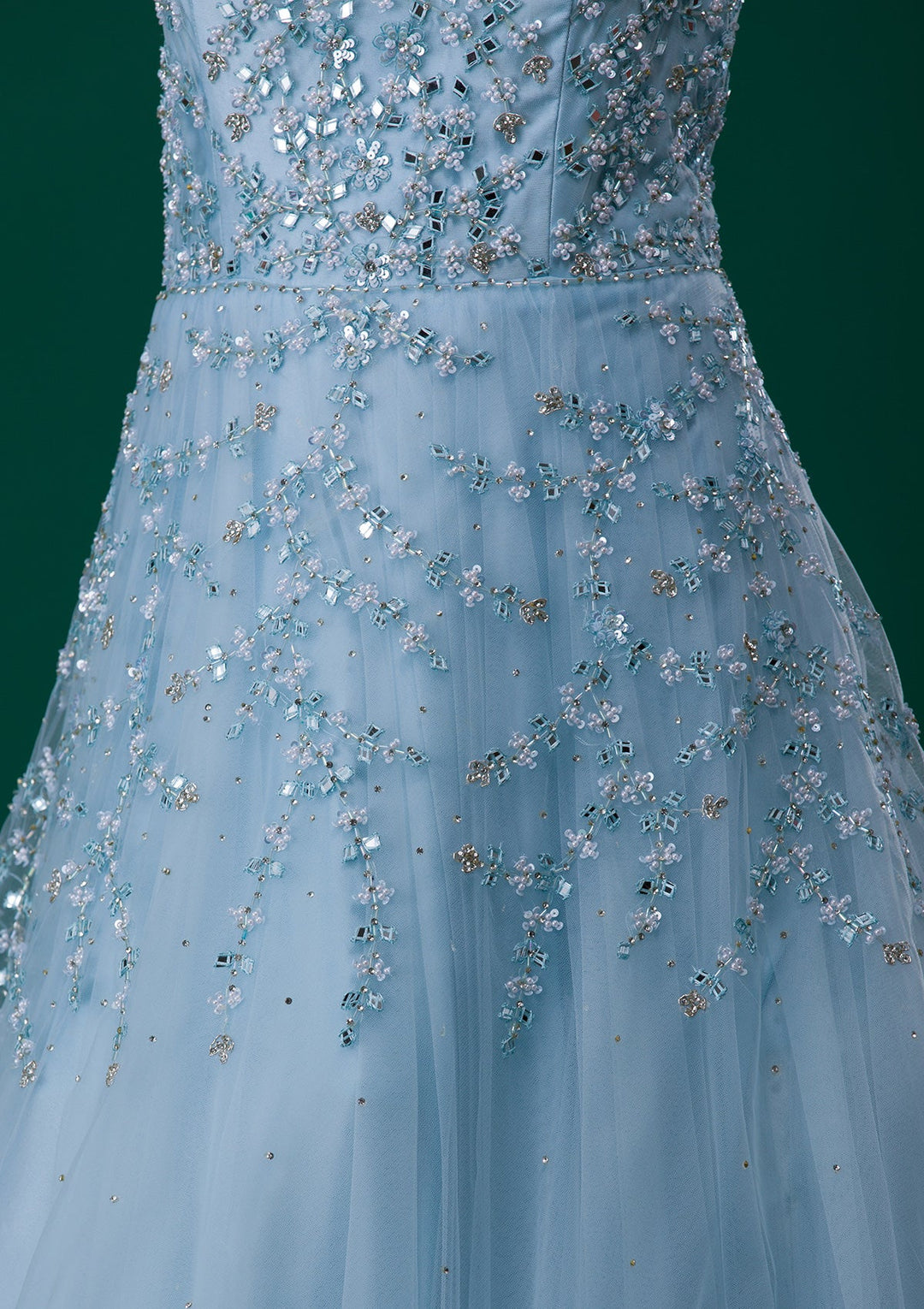 Sky Blue Mirrorwork Net Designer Gown-Koskii