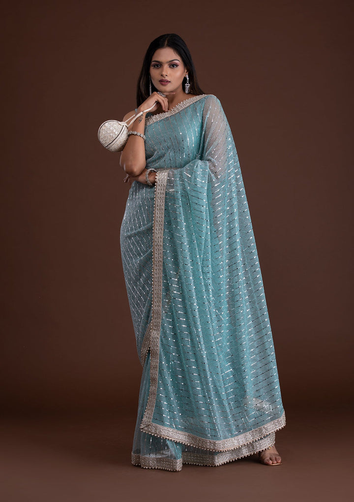 Sky Blue Mirrorwork Net Saree-Koskii