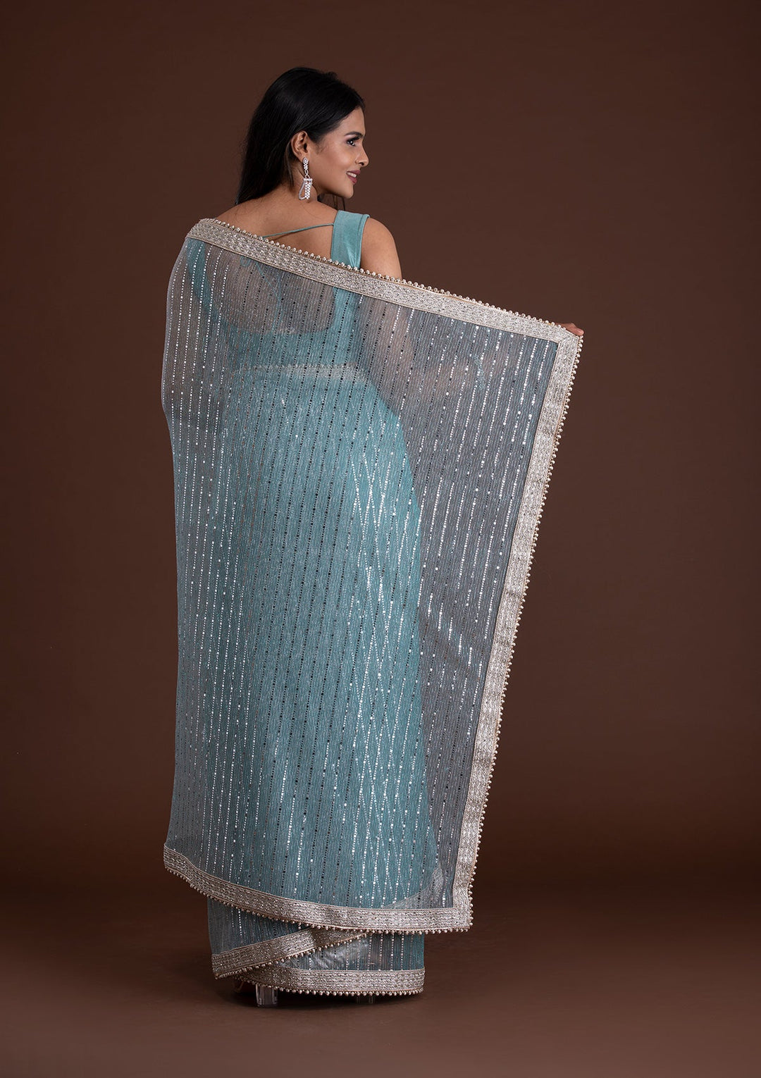 Sky Blue Mirrorwork Net Saree-Koskii