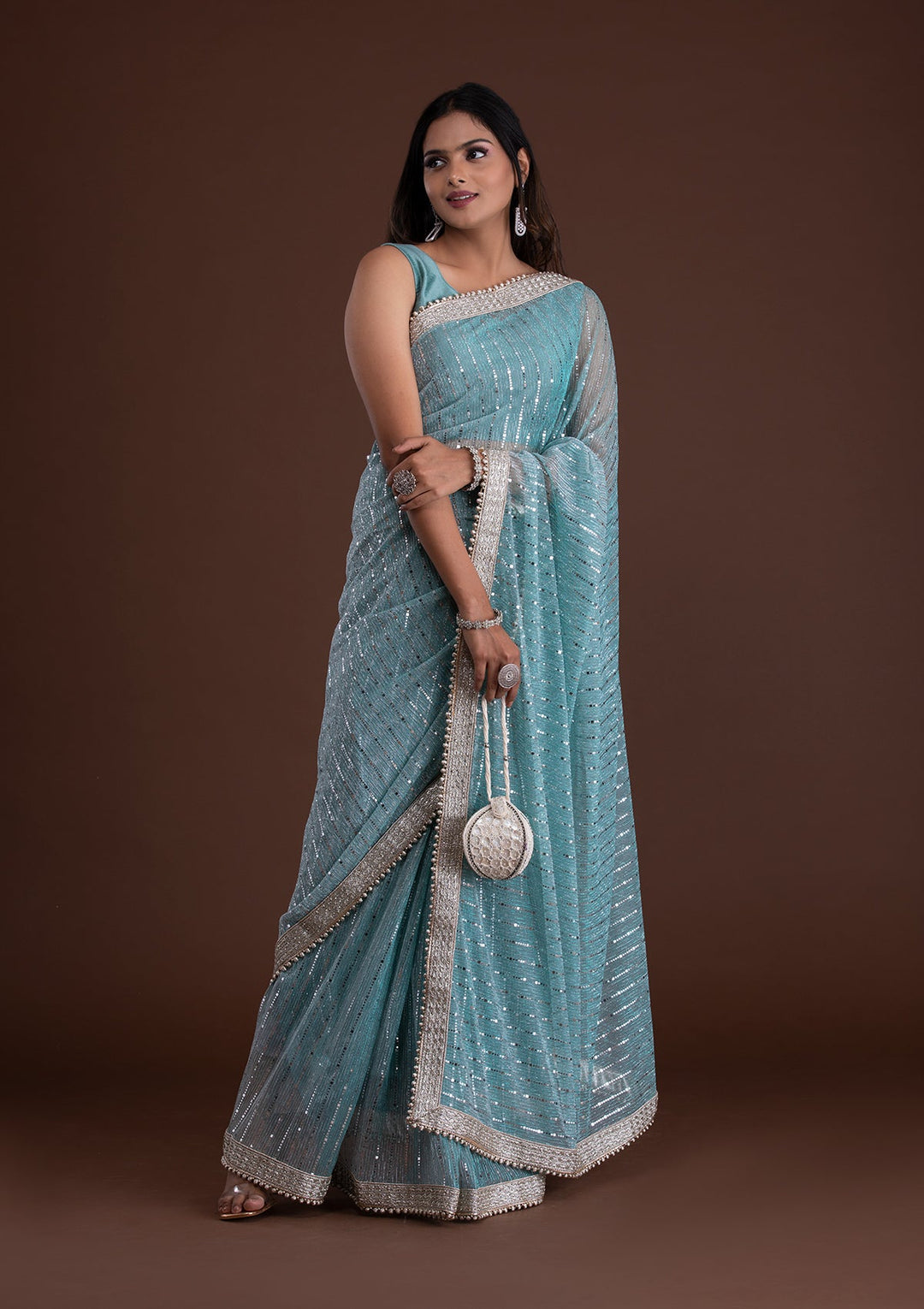 Sky Blue Mirrorwork Net Saree-Koskii