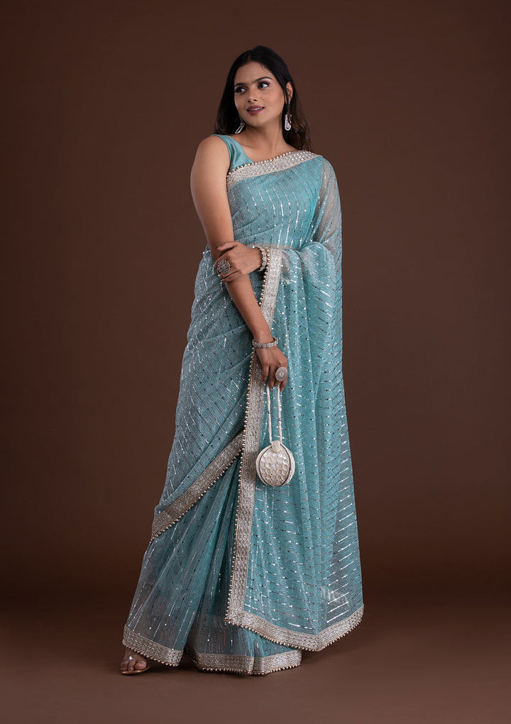 Sky Blue Mirrorwork Net Saree-Koskii