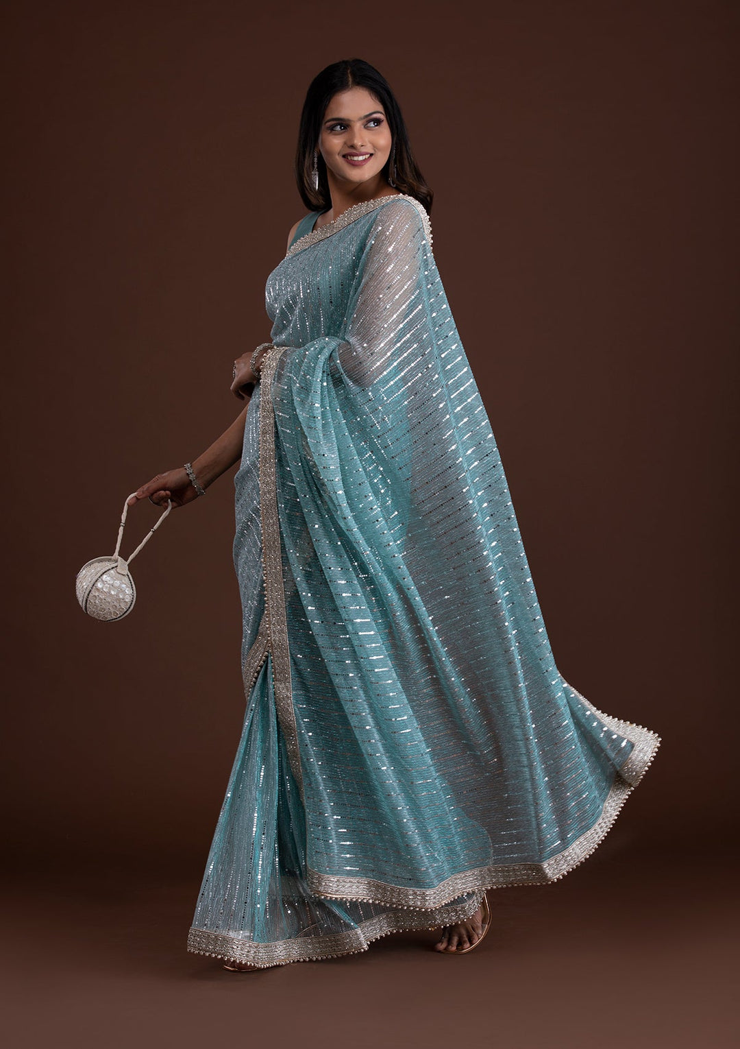 Sky Blue Mirrorwork Net Saree-Koskii