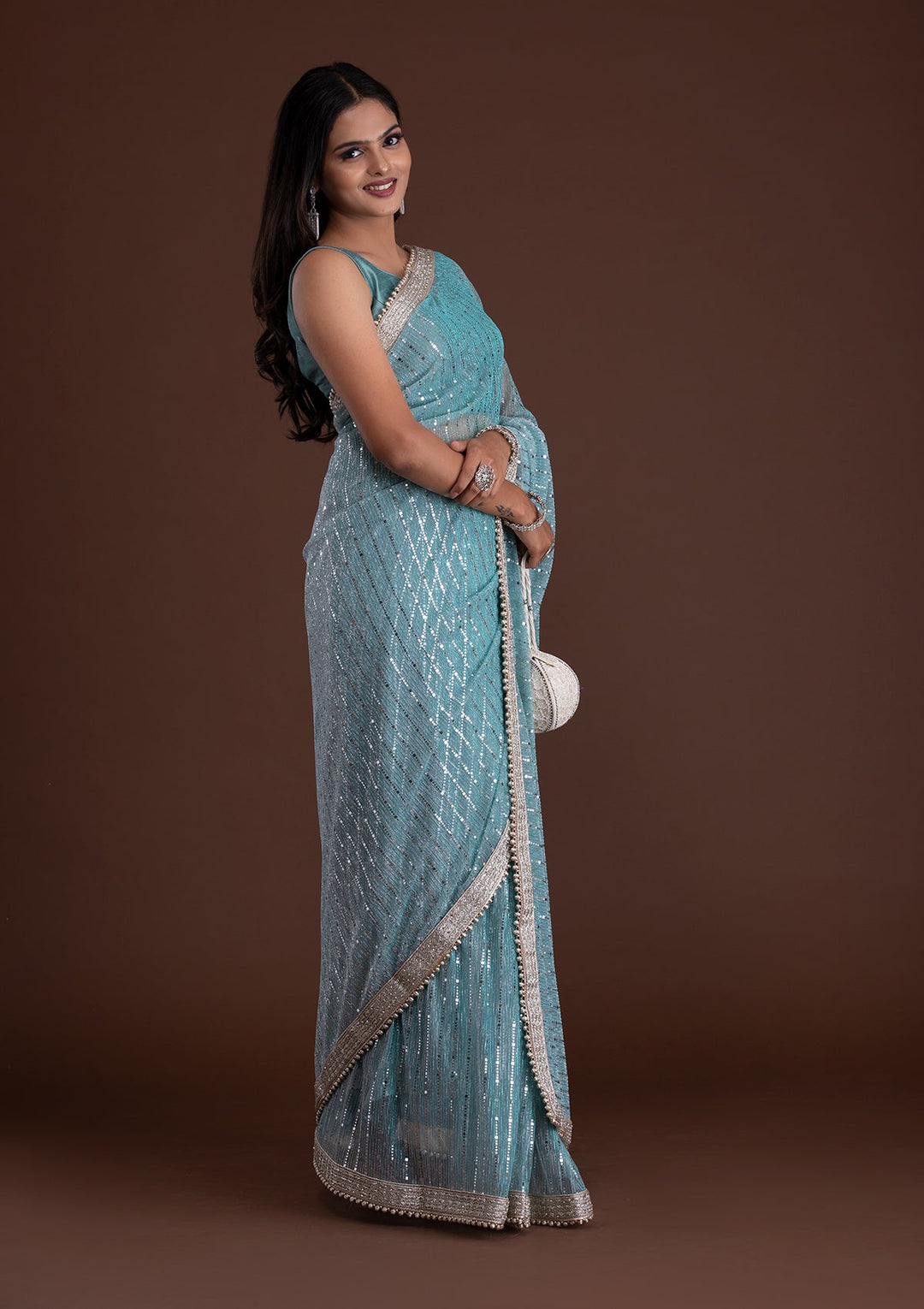Sky Blue Mirrorwork Net Saree-Koskii