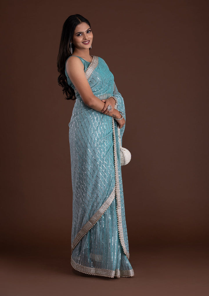 Sky Blue Mirrorwork Net Saree-Koskii