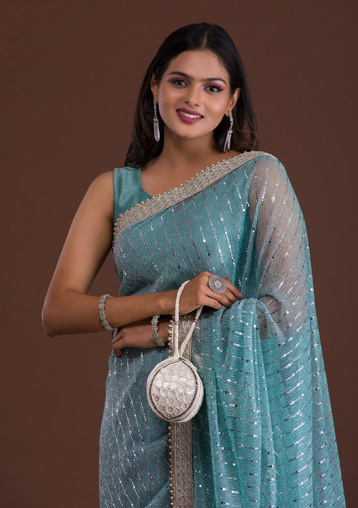Sky Blue Mirrorwork Net Saree-Koskii