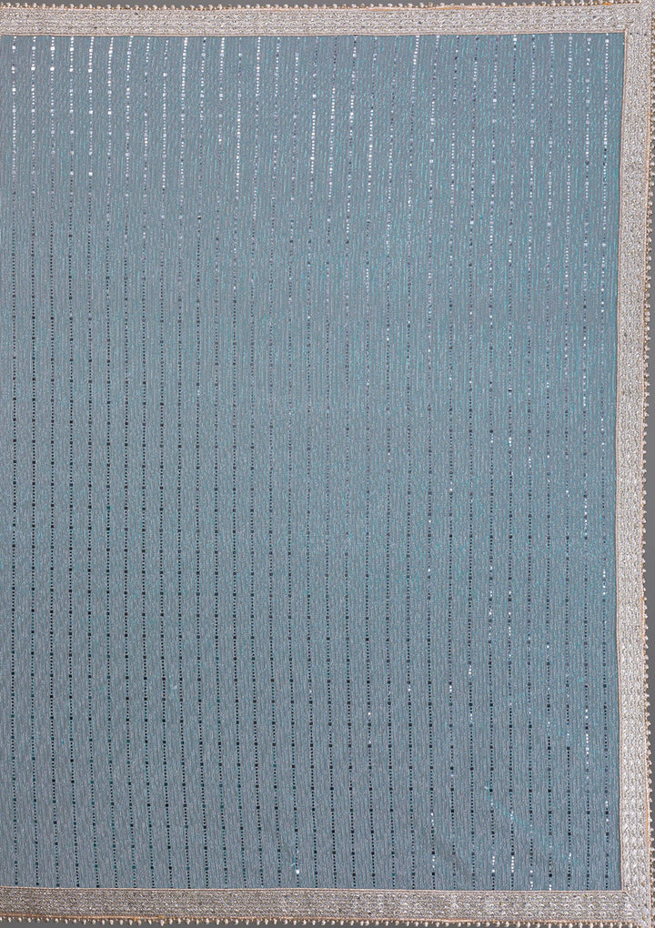 Sky Blue Mirrorwork Net Saree-Koskii