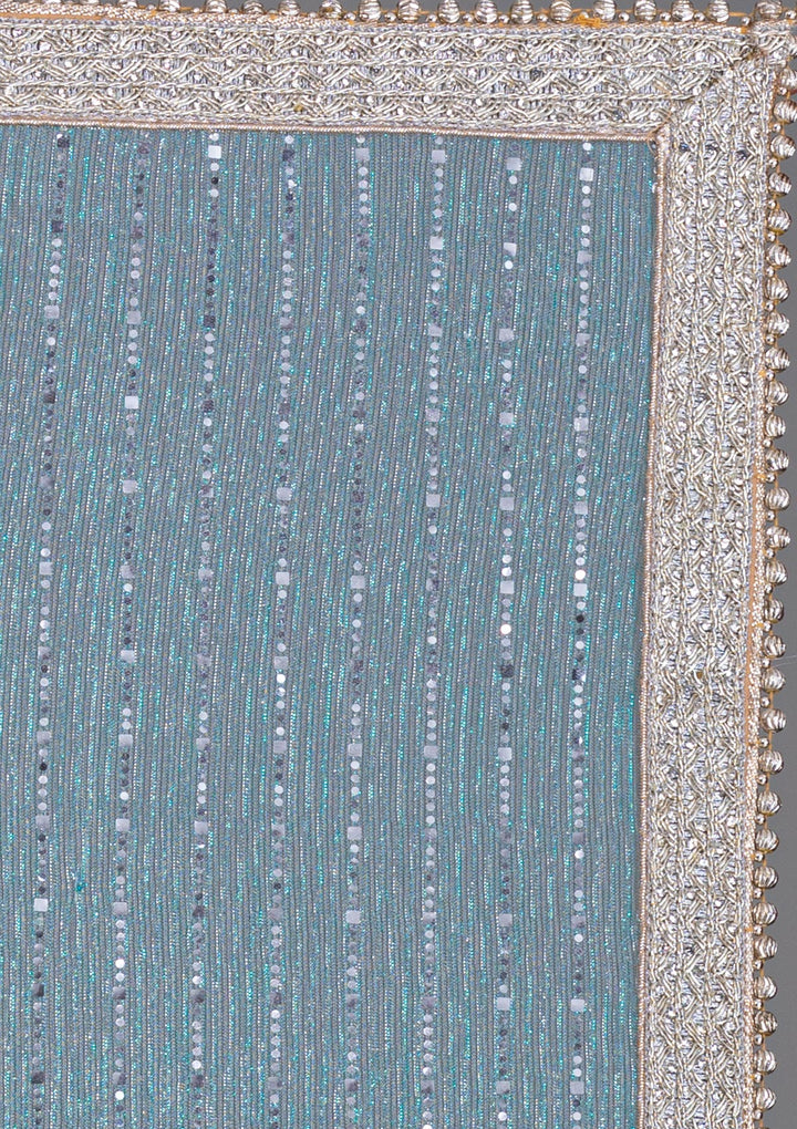 Sky Blue Mirrorwork Net Saree-Koskii