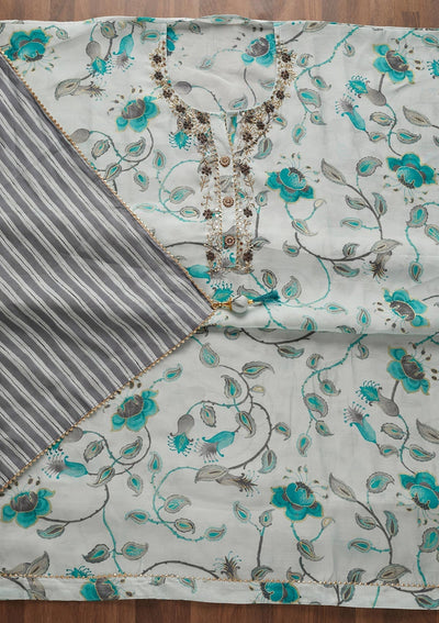 Sky Blue Mirrorwork Semi Crepe Designer Semi-Stitched Salwar Suit - Koskii